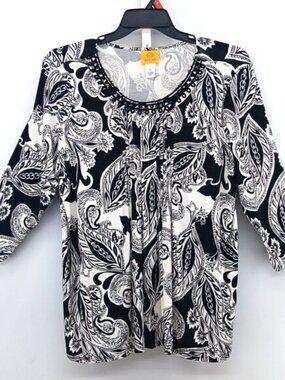 Ruby Rd Blouse Women Large Black White Floral Embroidered Scoop Neck Casual Top